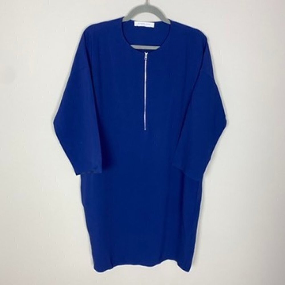 RARE Everlane Royal Blue Long Sleeve Zip-Front Shift Dress in Japanese Goweave